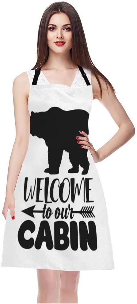 EKOBLA Welcome To Our Cabin Aprons Bear Portrait Arrow White Black Background Waterproof Resistant Chef Cooking Kitchen BBQ Adjustable Aprons for Women Men 27x31 Inch