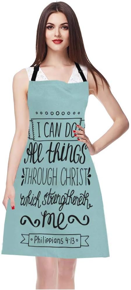 EKOBLA Bible Verse Aprons With I Can Do All Things Through Christ Christian Lettering Quote Waterproof Resistant Chef Cooking Kitchen BBQ Adjustable Aprons for Women Men 27x31 Inch
