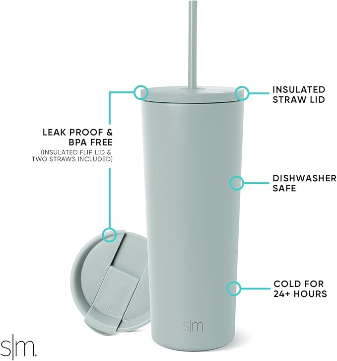 Simple Modern Insulated Tumbler with Lid and Straw | Iced Coffee Cup Reusable Stainless Steel Water Bottle Travel Mug | Gifts for Women Men Her Him | Classic Collection | 24oz | Sea Glass Sage
