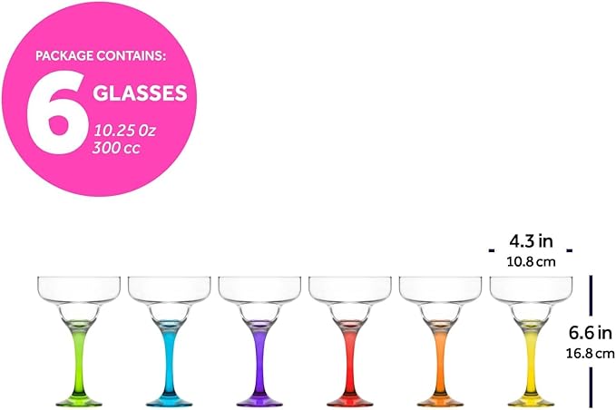 LAV Lead-Free Glass - Colorful Margarita Glasses Set of 6-10.25 oz - Assorted Colors Drinkware, Frozen Daiquiri, Paloma, Cocktails, Cosmopolitan, Dessert, Drinks, Mocktails - Housewarming Gifts