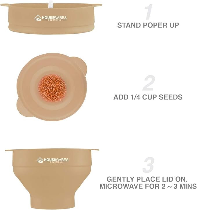 Collapsible Silicone Microwave Hot Air Popcorn Popper Bowl With Lid and Handles (Tan)