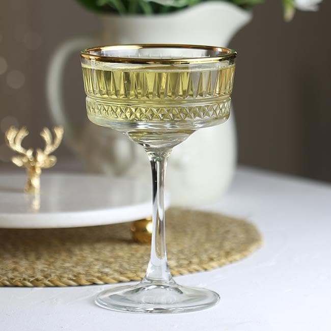 Pasabahce Vintage Golden Touch Coupe Glasses Set Of 4 - Exclusive Champagne, Cocktail, Martini, Wine Glasses - Long Stem Glassware - 8.8 oz - Perfect for Parties, Gifts, Housewarming, Weddings