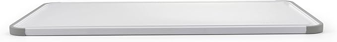 KitchenAid Classic Plastic Cutting Board with Perimeter Trench and Non Slip Edges, Dishwasher Safe, 12 inch x 18 inch, White and Gray