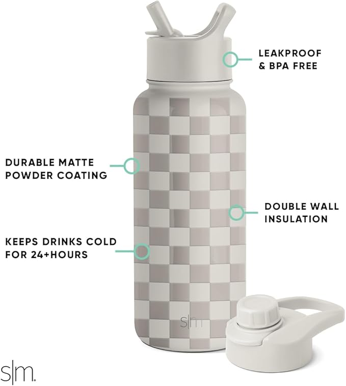 Simple Modern Water Bottle with Straw and Chug Lid Vacuum Insulated Stainless Steel Metal Thermos Bottles | Reusable Leak Proof BPA-Free Flask for Sports Gym | Summit Collection | 32oz, Checkmate