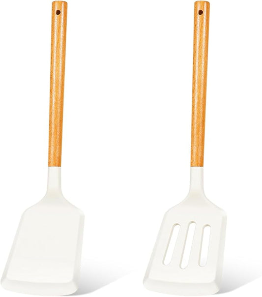 2Pcs Silicone Spatula Set Turner Heat Resistant for Nonstick Cookware Rubber Wok Spatula Turner with Wood Handle, Plastic Spatula Silicone for Cooking Use Kitchen Utensils Set White