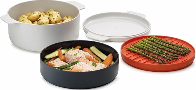 Joseph Joseph M-Cuisine Microwave 4-Piece Stackable Cooking Set, 2 liter cooking pot, steamer, griddle and lid, Orange/Beige
