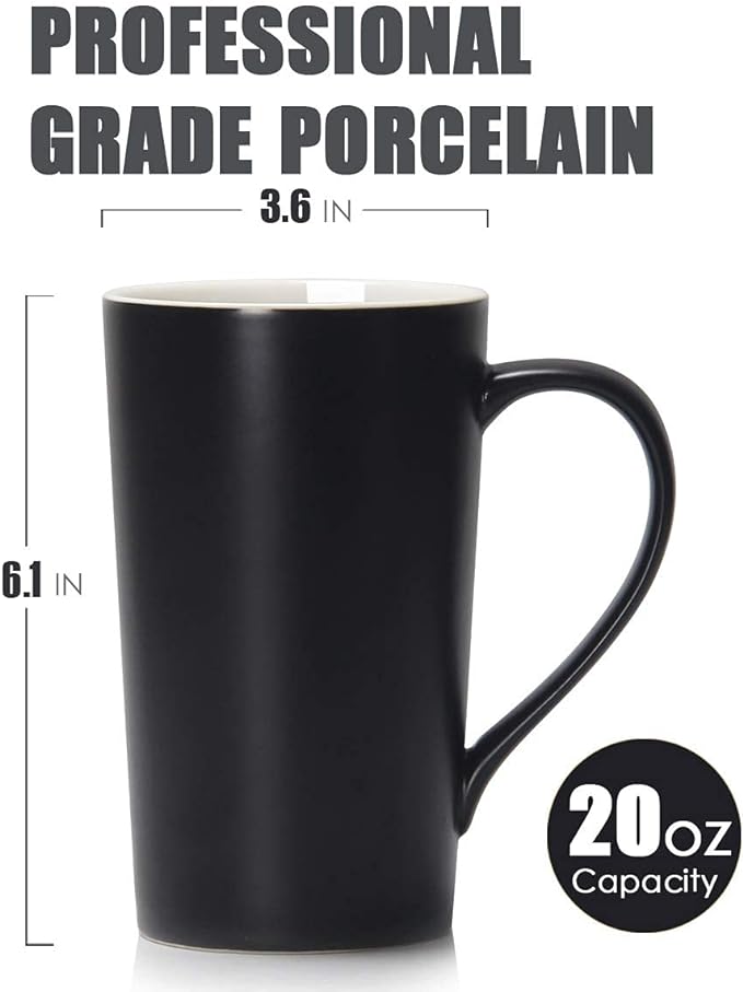 Smilatte 20 oz Large Coffee Mugs, M007 Plain Tall Ceramic Cup with Handle for Dad Men, Set of 2, Black