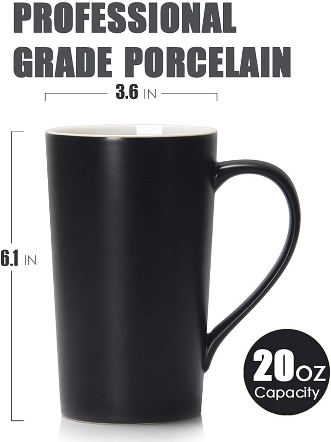 Smilatte 20 Ounces Extra Large Coffee Mug, M007 Plain Tall Big Ceramic Latte Cappuccino Tea Cup with Handle for Dad Men Boss Coworkers,Ideal Mugs for Office Home Daily Use, Black