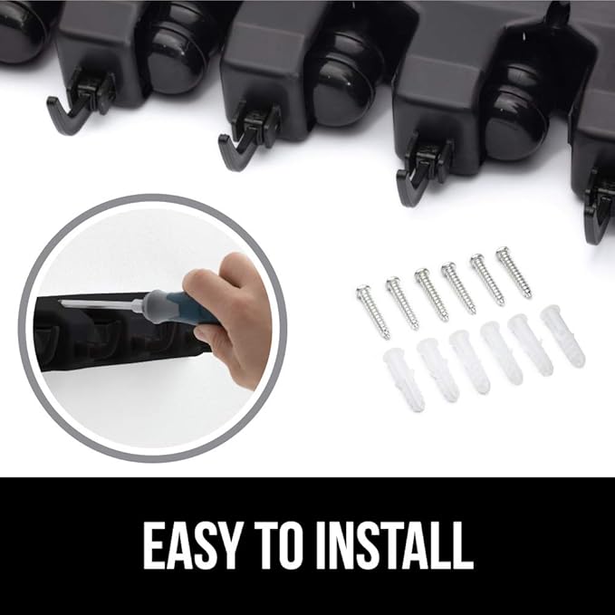 GORILLA GRIP Wall Mount Hook Fixture, Also Includes Slots to Hold Mop, Broom, Tools, Easy Install, Organize Cleaners, Tools, Home, Kitchen, Garage, 6 Hooks 5 Slots, Black
