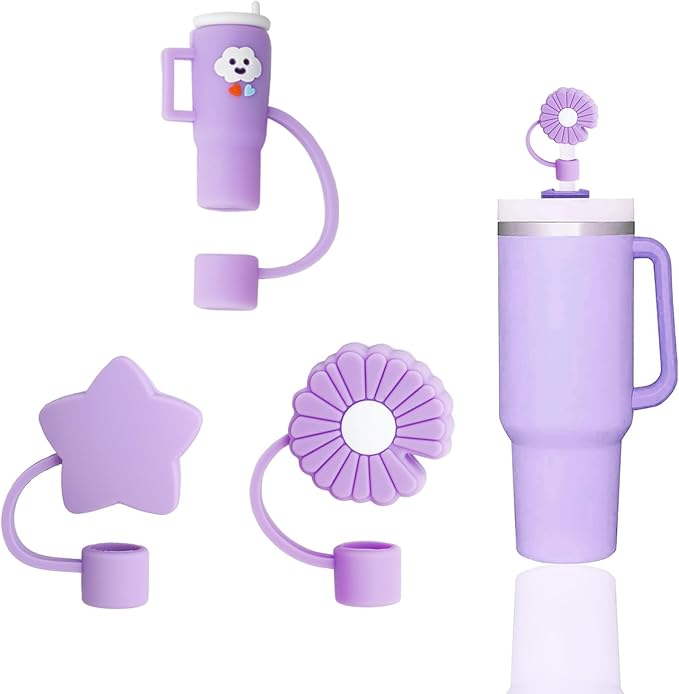 3 Pcs Cute Purple Straw Covers Cap Toppers Compatible with Stanley 30&40 oz Tumbler Cup,Reusable Silicone Straws Tips Lids Protectors for 0.4 in/10mm Stanleys Cups Accessories