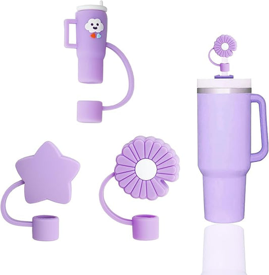 3 Pcs Cute Purple Straw Covers Cap Toppers Compatible with Stanley 30&40 oz Tumbler Cup,Reusable Silicone Straws Tips Lids Protectors for 0.4 in/10mm Stanleys Cups Accessories