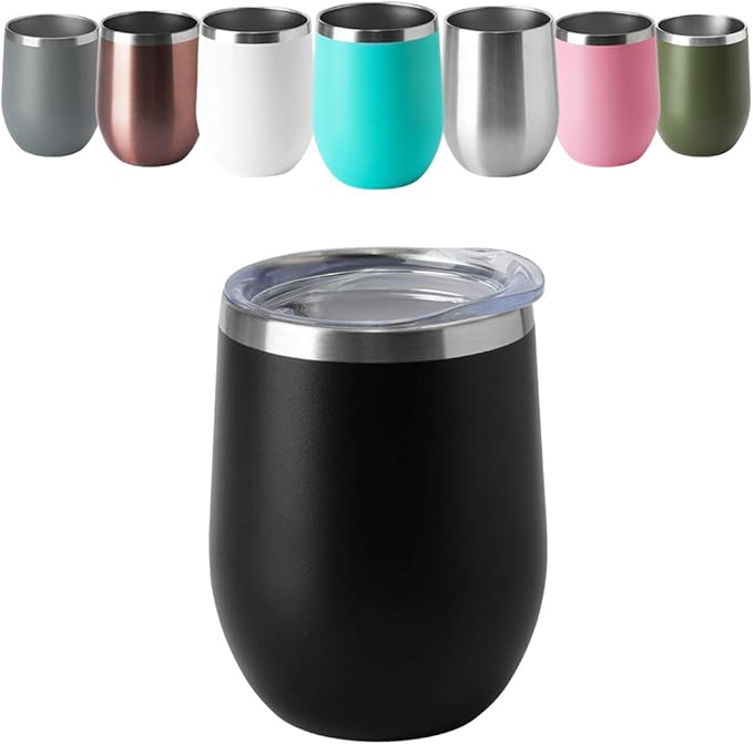 HASLE OUTFITTERS 12oz Wine Tumbler with Lid Stemless Wine Glasses Double Wall Vacuum Travel Mugs stainless steel Coffee Cup for Cold & Hot Drinks Wine Coffee Cocktails Beer 6 Pack Black