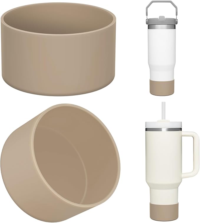 Upgrade 2PCS Protective Silicone Boot Bumper for Stanley Quencher Adventure 40oz 30oz IceFlow 20oz 30oz Tumbler, Water Bottle Bottom Sleeve Cover Accessories for Stanley Mug Cup(Khaki)