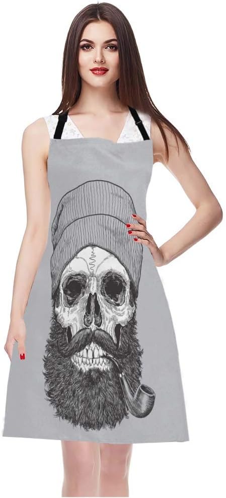 EKOBLA Skull Aprons Sailor Sea Captain Hipster Pipe Beard Skeleton Man Dead Waterproof Resistant Chef Cooking Kitchen BBQ Adjustable Aprons for Women Men 27x31 Inch