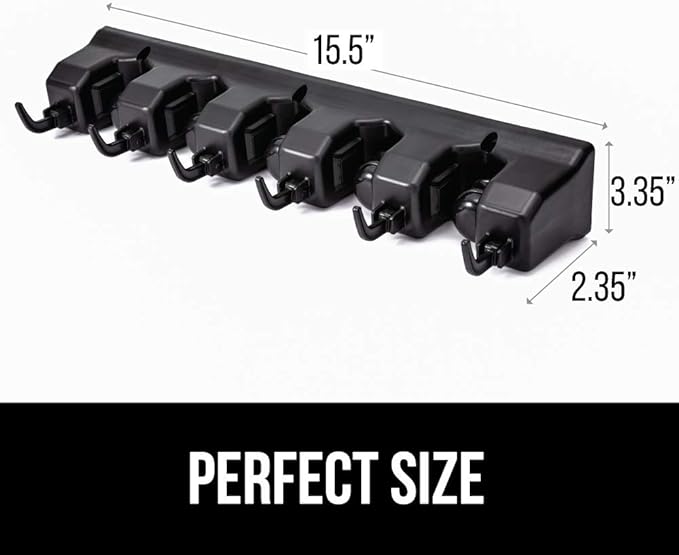 GORILLA GRIP Wall Mount Hook Fixture, Also Includes Slots to Hold Mop, Broom, Tools, Easy Install, Organize Cleaners, Tools, Home, Kitchen, Garage, 6 Hooks 5 Slots, Black