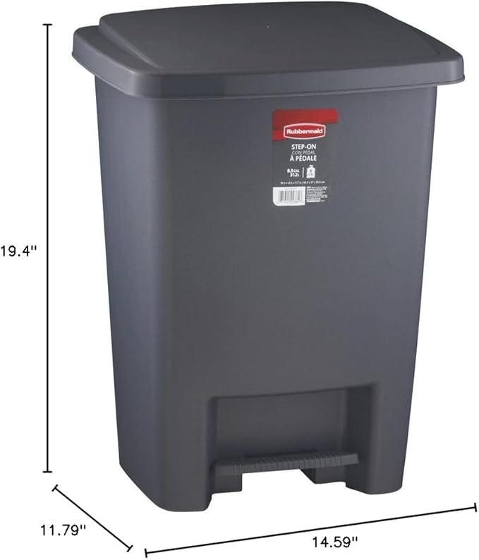 Rubbermaid Step-On Trash Can with Lid, 8.25-Gallon, Gray, Easy Clean Wastebasket for Home/Kitchen/Bedroom/Office