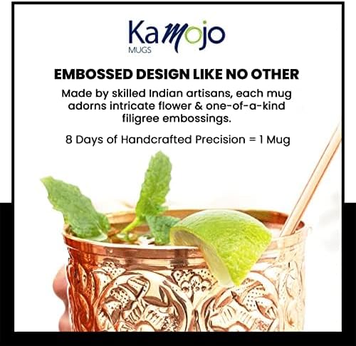 Moscow Mule Copper Mugs Set of 4 with Unique Handcrafted Embossed Design with Anti-Tarnish Food-Grade Coating - Copper Cups Gift Set with 4 Straws & Recipe E-Book, 16 oz