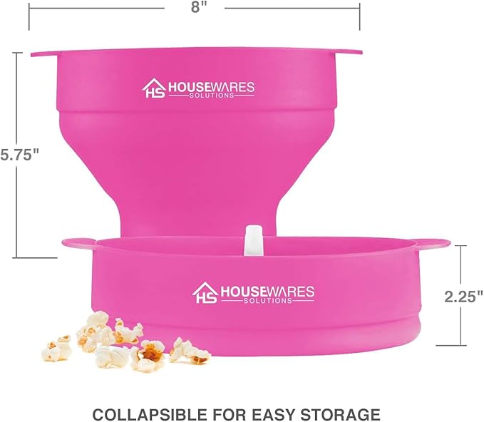 Collapsible Silicone Microwave Hot Air Popcorn Popper Bowl With Lid and Handles (Pink)
