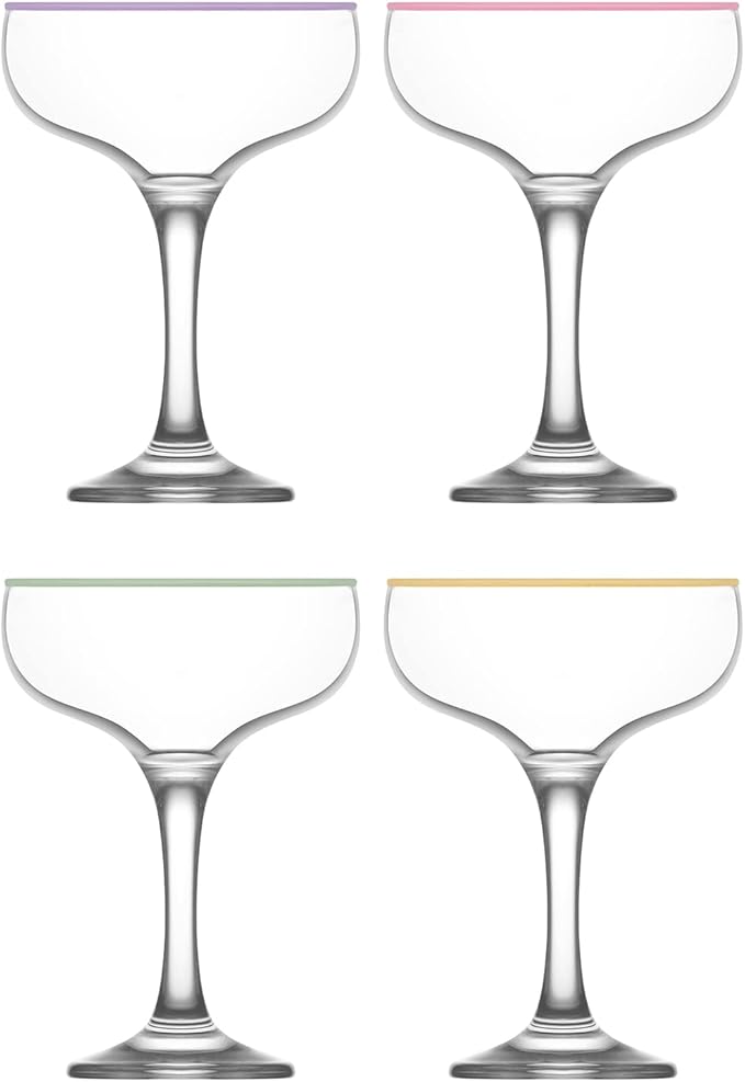 LAV Lead-Free Colorful Coupe Cocktail Glasses 8 oz Champagne Glass with Colored, Cleared Rims - Manhattan, Martini Glasses, Cocktails, Barware, Home, Restaurant, Birthday, Wedding Parties | Set of 4
