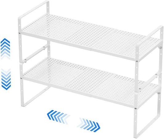 Expandable Cabinet Shelf Organizer, Stackable Pantry Cabinet Counter Under Sink Shelves Inside Cabinet Storage for Kitchen Bathroom Office, 2 Packs, White
