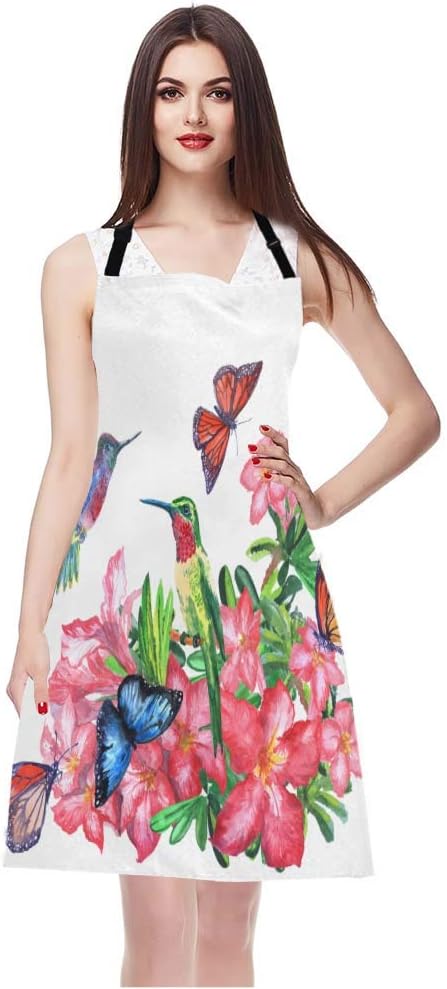 EKOBLA Hummingbirds Aprons Watercolor Painting Butterflies Blossoming Flowers Colorful Waterproof Resistant Chef Cooking Kitchen BBQ Adjustable Aprons for Women Men 27x31 Inch