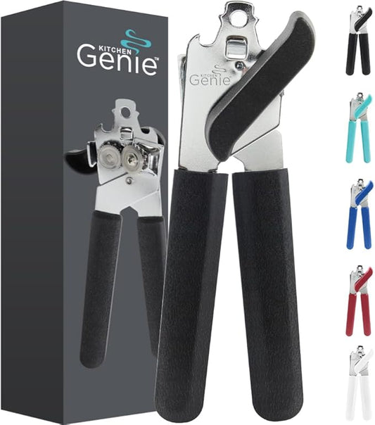 Kitchen Genie Slip Resistant Stainless Steel Manual Can Opener, Sharp Blade for Smooth Edge Cuts, Easily Open Cans, Ergonomic Handles with Easy to Turn Knob, Built-In Bottle Openers, Pitch Black
