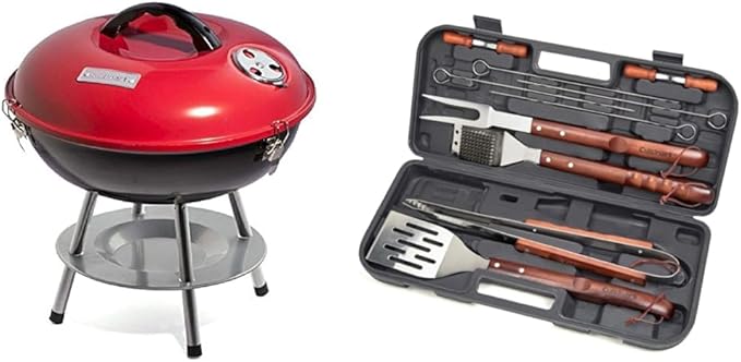 Cuisinart CCG190RB Inch BBQ, 14" x 14" x 15", Portable Charcoal Grill, 14" (Red) & CGS-W13 Wooden Handle Tool Set, Black (13-Piece)