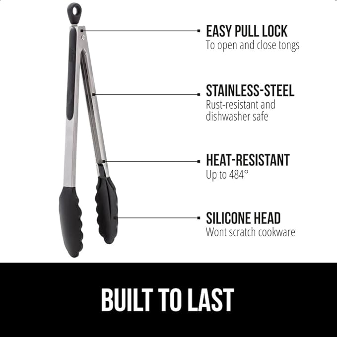 GORILLA GRIP Stainless Steel Heat Resistant Kitchen Tongs for Cooking, Set of 2 BBQ Tong, Non Scratch Silicone Tip for Pans, Strong Grip, Grab Food, Toss Salad, Air Fryer, Pull Lock, 7 + 9 Inch, Black