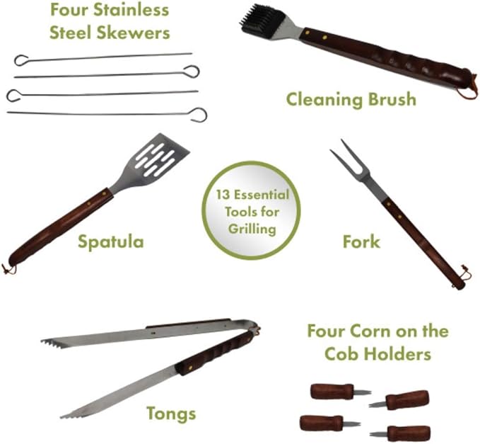 Cuisinart CCG190RB Inch BBQ, 14" x 14" x 15", Portable Charcoal Grill, 14" (Red) & CGS-W13 Wooden Handle Tool Set, Black (13-Piece)