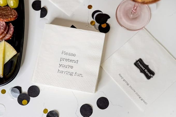 Funny Cocktail Napkins – “Please pretend you’re having fun.” – 20 Pack | Hilarious Disposable Paper Napkins for Parties, Bars, Weddings, Birthdays, Bachelorette & Adult Gatherings