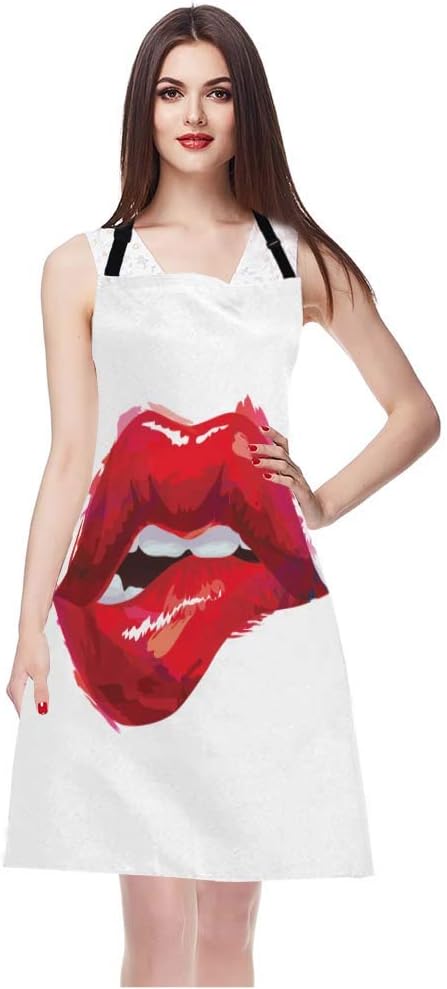 EKOBLA Lips Aprons Lipstick Sexy Biting Lips Woman Valentine Romantic Love Waterproof Resistant Chef Cooking Kitchen BBQ Adjustable Aprons for Women Men 27x31 Inch