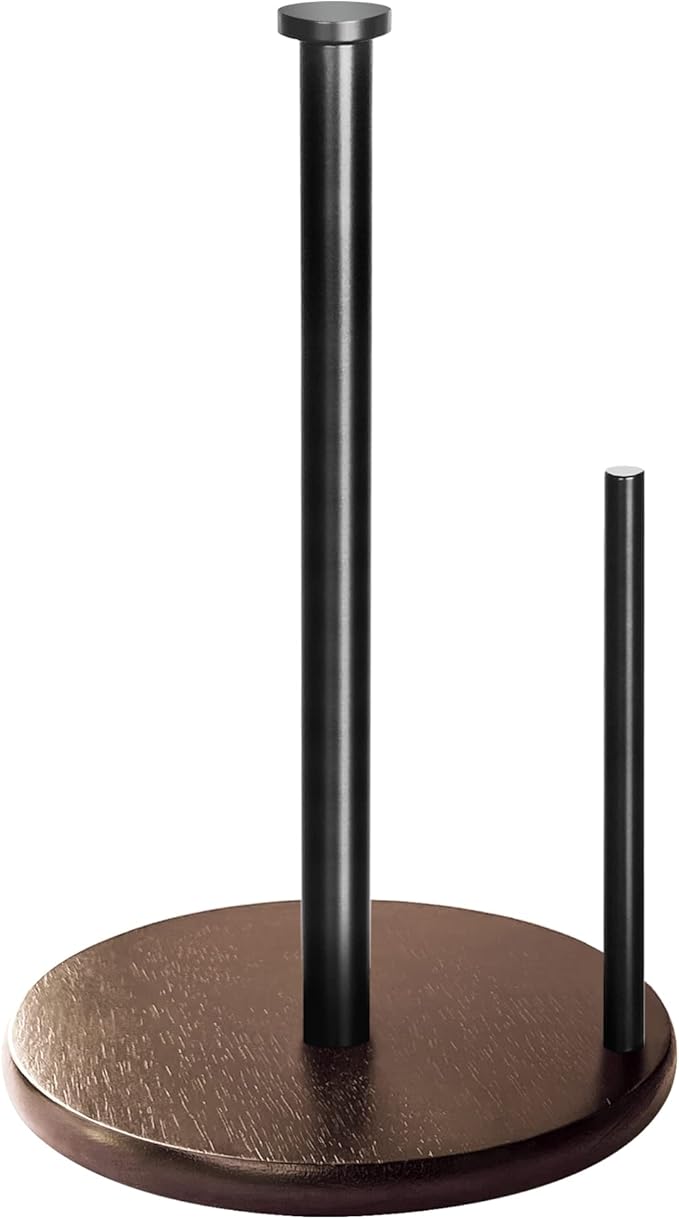 Wood Paper Towel Holder Countertop, OBODING, Farmhouse Kitchen Paper Towel Holders Stand with Real Wooden Base, fits Standard and Jumbo Size Paper Towels (Dark Brown)