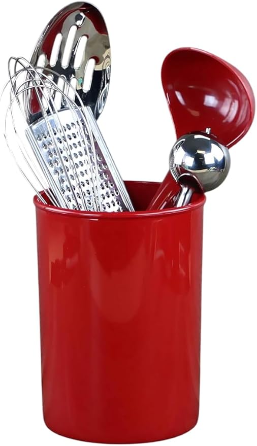 Reston Lloyd 6 Piece Kitchen Utensil Holder for Kitchen Counter, Utensils Crock with Heat Resistant Spoon, Slotted Spoon, Ladle, Spatula BPA Free, Red