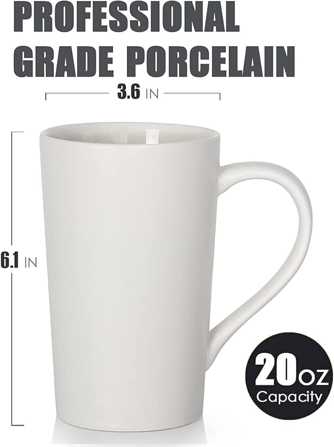 Smilatte 20 oz Large Coffee Mugs, M007 Plain Tall Ceramic Cup with Handle for Dad Men, Set of 2, White