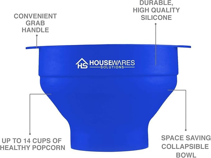 Collapsible Silicone Microwave Hot Air Popcorn Popper Bowl With Lid and Handles - Blue