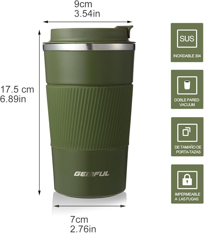 GEMFUL To Go Coffee Mug with Lid 17oz Insulated Coffee Cups Spill Proof Travel Coffee Mug Tumbler Leak Proof Vacuum Stainless Steel Coffee Travel Mug Reusable for Hot Cold Drinks Women Men (Green)