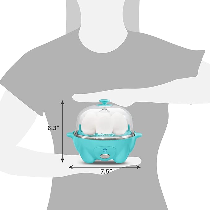 Elite Gourmet EGC-007T# Rapid Egg Cooker, 7 Easy-To-Peel, Hard, Medium, Soft Boiled Eggs, Poacher, Omelet Maker, Auto Shut-Off, Alarm, 16-Recipe Booklet, Teal