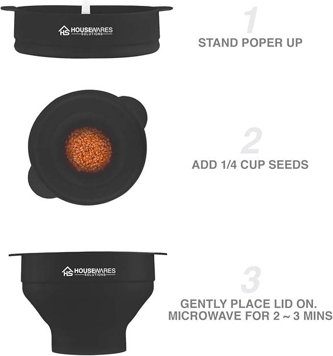 Collapsible Silicone Microwave Hot Air Popcorn Popper Bowl With Lid and Handles (Black)