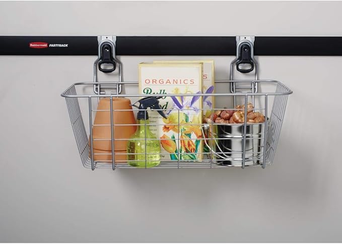 Rubbermaid Garage FastTrack Wire Mesh Basket Wall Mounted Storage System Holds up to 50 pounds Satin Nickel for Tool/Toy/Sports Equipment