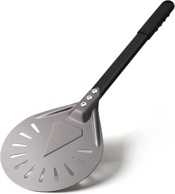 Pizza Turning Peel 8 Inch Round Aluminum Perforated Pizza Peel Turner with Metal Handle Pizza Paddle for Homemade Pizza Oven Accessories