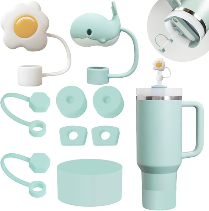 Stanley Cup Accessories Set Including 6 Pcs Silicone Spill Proof Stopper, 2 Pcs Straw Cover Cap for 9-10 mm Straws, 1 Pcs Silicone Boot for Stanley Cup Stanley 40oz & 30oz Tumbler (Seafoam)