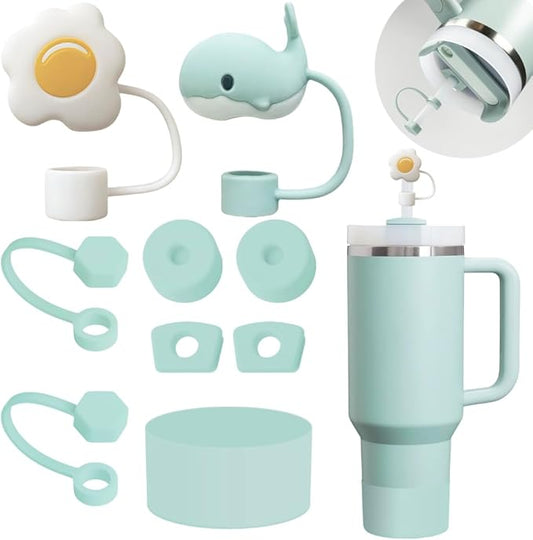 Stanley Cup Accessories Set Including 6 Pcs Silicone Spill Proof Stopper, 2 Pcs Straw Cover Cap for 9-10 mm Straws, 1 Pcs Silicone Boot for Stanley Cup Stanley 40oz & 30oz Tumbler (Seafoam)