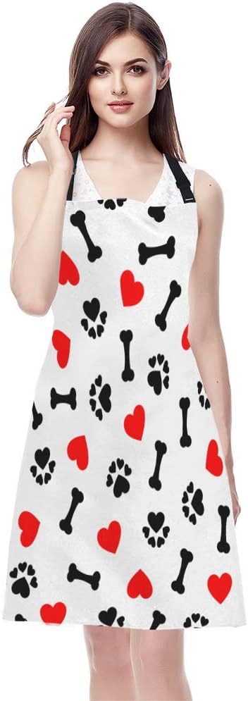 EKOBLA Dogs Paw Print Aprons Animal Bones Cute Lovely Cartoon Adorable Footprint Red Heart Waterproof Resistant Chef Cooking Kitchen BBQ Adjustable Aprons for Women Men 27x31 Inch