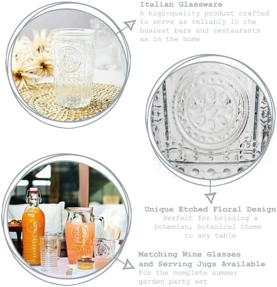 Bormioli Rocco Romantic Set Of 6 Cooler Glasses, 16 Oz. Clear Crystal Glass, Made In Italy.