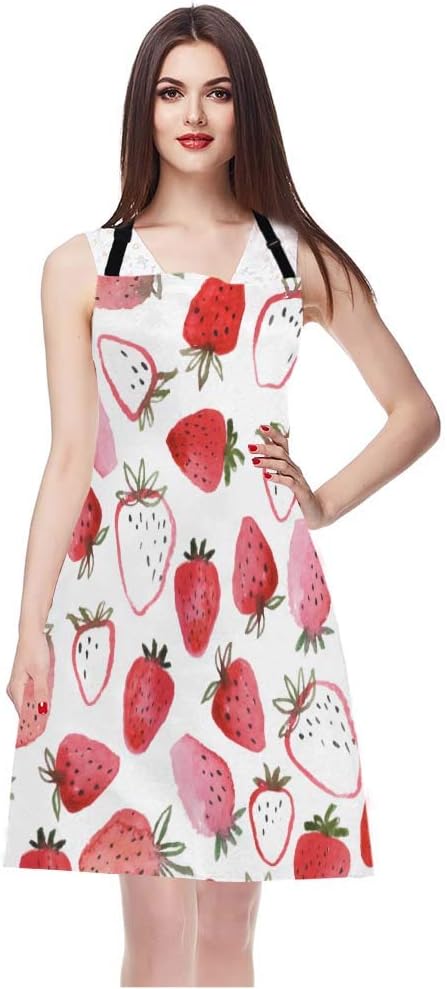 EKOBLA Strawberry Aprons Abstract Watercolor Hand Drawn Beautiful Fruit Fresh Sweet Spring Waterproof Resistant Chef Cooking Kitchen BBQ Adjustable Aprons for Women Men 27x31 Inch