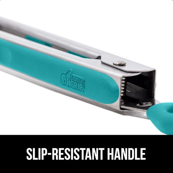GORILLA GRIP Stainless Steel Heat Resistant Kitchen Tongs for Cooking, Set of 2 BBQ Tong, Non Scratch Silicone Tip for Pans, Strong Grip, Grab Food, Salad, Air Fryer, Pull Lock, 7 + 9 Inch, Turquoise