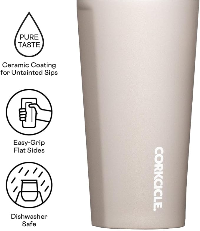 Corkcicle Pure Taste Tumbler - Stainless Steel Insulated Cup With Lid - Non-Slip Silicone Base - Ceramic Interior Coating - Durable Travel Mug - Dishwasher Safe - BPA Free - 16 oz - Latte/Oat Milk