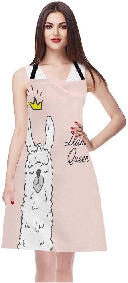 EKOBLA Llama Queen Aprons Alpaca Wearing Crown Funny Cute Animal Cartoon Waterproof Resistant Chef Cooking Kitchen BBQ Adjustable Aprons for Women Men 27x31 Inch
