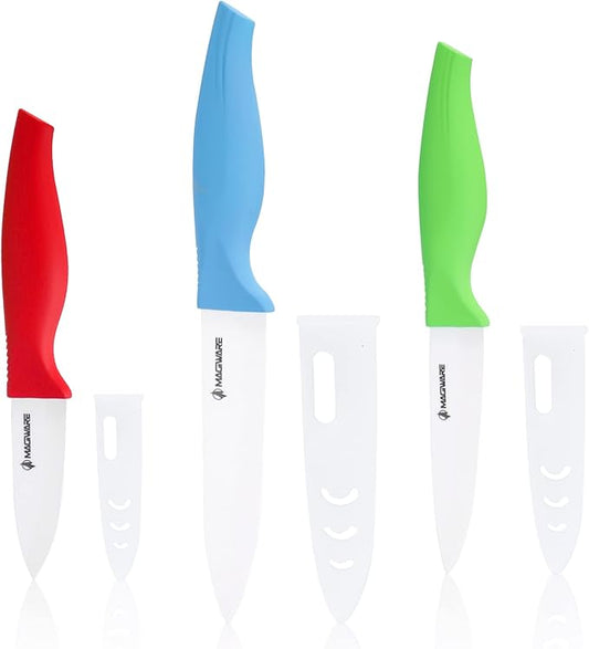 6-Piece Ceramic Paring Knife Set with Sheaths - Sharp and Healthy (5in Utility, 4in Fruit, 3in Paring Knife) - Red