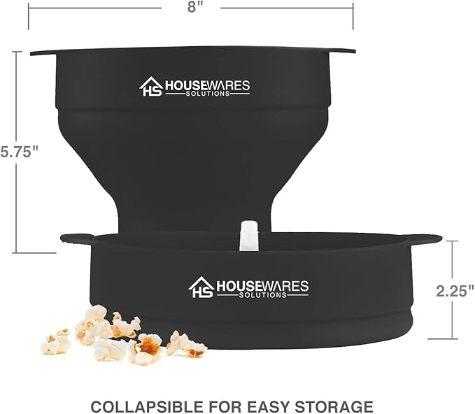 Collapsible Silicone Microwave Hot Air Popcorn Popper Bowl With Lid and Handles (Black)